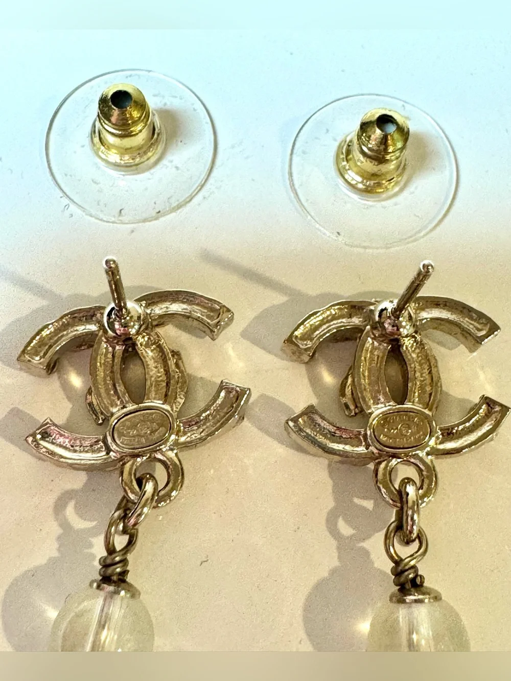 Chanel CC Logo Pearl, Crystal, and Gem Drop Earrings W Box